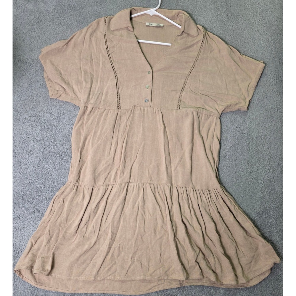 Dex Women Medium Tunic Dress Tan Linen Blend Short Sleeve Ladder Lace Boho